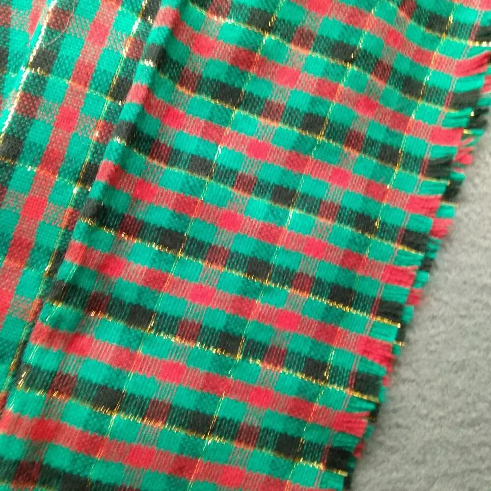 Christmas Napkins Plaid Cloth 6 Red Green Fringe Gold Metallic Sparkle Vintage